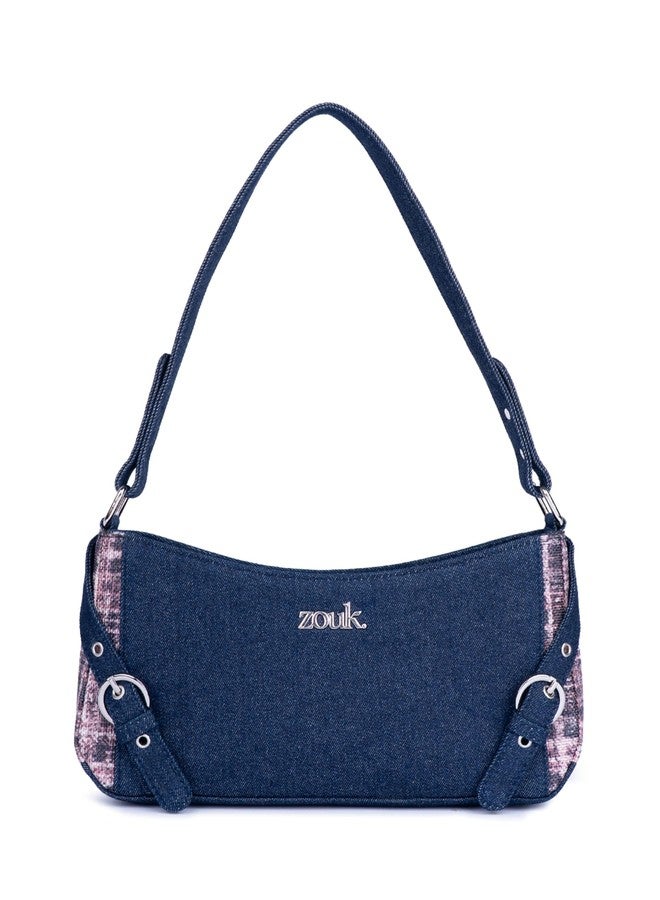 ZOUK حقيبة كتف صغيرة من زوك ليرا للنساء - حقيبة كتف من الدنيم والمطبوع مع بطانة مقاومة للماء | حقيبة كتف مصنوعة يدويًا مع جيوب متعددة وإغلاق بسحاب للاستخدام اليومي | كشمير أسود (وردي) - Image 1